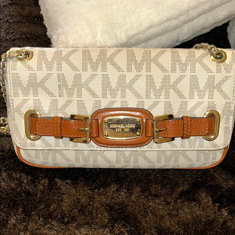 Michael Kors Beige & Brown MK Logo Shoulder Bag with Gold Hardware